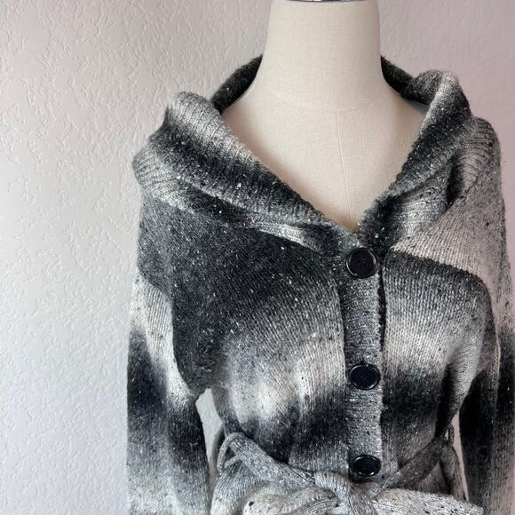Vintage Y2K Wool Blend Button Up Cardigan Sweater Belted Black White Medium - Picture 10 of 15